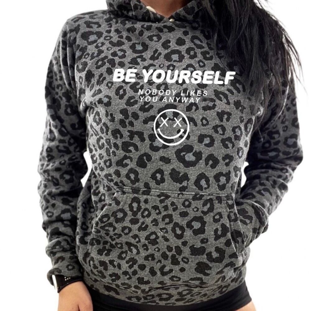 Salty Savage Be Yourself Leopard Print Pullover Sweatshirt Hoodie in Gray Unisex